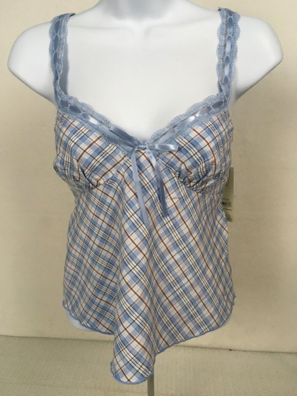 No Boundaries Cami Top Women Size S Blue White Brown Plaid Tank New with Tags